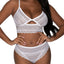 Exposed Modern Romance White Mesh Bralette & Cutout Panty Set includes a longline wire-free bralette & hipster-style panties w/ scalloped hems & triangle cutouts to expose more skin. 