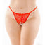 These curvy figure panties have discreet side straps, a scalloped edge around the crotch cutout & a strand of pleasure pearls for gentle stimulation. Red.