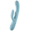FemmeFunn Balai Clitoral Swaying Motion Rabbit Vibrator has 12 modes of G-spot vibration, 3 clitoral swinging modes to externally stimulate you & a ridged shaft to hold it in place, hands-free. Light blue.
