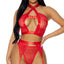 Forplay Golden Hour Red Satin Elastic Mesh Lingerie Set is made from sheer mesh w/ gold hardware & thick satin elastic trim for a luxurious touch.