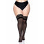 These plus-size sheer stay-up thigh-highs have silicone-reinforced lace tops for a sexy look that stays put without suspenders. Black.