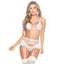 This sheer lingerie duo combines white lace & mesh w/ criss-cross lacing over the cleavage + a high-waisted ruffled panty w/ backless rear & attached garters. (2)