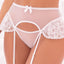 This sheer lingerie duo combines white lace & mesh w/ criss-cross lacing over the cleavage + a high-waisted ruffled panty w/ backless rear & attached garters. (4)