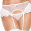 Mapale Criss-Cross Bra & Open Back Ruffle Garter Panty lacing at the cleavage + a high-waisted ruffled panty w/ backless rear & attached suspenders. (4)