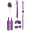 The Ouch Beginner Bondage Kit includes a flogger, satin eye mask, breathable ball gag, feather tickler & wrist & ankle cuffs to help new kinksters explore BDSM. Purple.