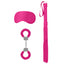 The beginner-friendly Ouch! Introductory Bondage BDSM Kit #1 contains a pair of fluffy metal handcuffs, a flogger & a satin eye mask for kinky couples to enjoy. Pink.