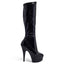 Pleaser Delight 6" Stiletto Platform Knee Boots - Patent Black have a 6" stiletto heel & a 1 & ¾" platform w/ an inner side zip in glossy patent leather. 