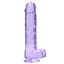 RealRock 10" Crystal Clear Realistic Dildo With Balls & Suction Cup is big & girthy to stimulate your G-spot or P-spot w/ a ridged head, veiny shaft + testicles for safe anal or vaginal play. Purple.