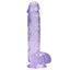 RealRock 6" Crystal Clear Realistic Dildo With Balls & Suction Cup has a realistic shape & natural size w/ almost 5 insertable inches & a phallic head, veiny shaft + testicles for safe anal or vaginal play. Purple.
