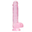 RealRock 6" Crystal Clear Realistic Dildo With Balls & Suction Cup has a realistic shape & natural size w/ almost 5 insertable inches & a phallic head, veiny shaft + testicles for safe anal or vaginal play. Pink.