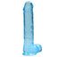 RealRock 9" Crystal Clear Realistic Dildo With Balls & Suction Cup has a lifelike sculpted phallic head, veiny shaft & testicles for safe anal or vaginal play. Blue.