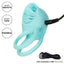Silicone rechargeable french kiss enhancer fits around his shaft + testicles & has a 12-mode vibrating clitoral stimulator w/ 4 tongue teasers to please her.  USB charger