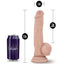 A Loverboy Mr Jackhammer realistic dildo stands next to a Blush can for scale with its measurements of the sex toy.
