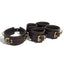 Zorba Lockable Brown Leather Collar, Wrist & Ankle Cuffs Set can be worn separately or together for full-body bondage & comes in a handsome shade of dark brown leather w/ aged gold metal hardware.