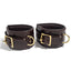 Zorba Lockable Brown Leather Collar, Wrist & Ankle Cuffs Set can be worn separately or together for full-body bondage & comes in a handsome shade of dark brown leather w/ aged gold metal hardware. Wrist cuffs.