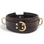 Zorba Lockable Brown Leather Collar, Wrist & Ankle Cuffs Set can be worn separately or together for full-body bondage & comes in a handsome shade of dark brown leather w/ aged gold metal hardware. Collar.