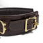 Zorba Lockable Brown Leather Collar, Wrist & Ankle Cuffs Set can be worn separately or together for full-body bondage & comes in a handsome shade of dark brown leather w/ aged gold metal hardware. Lockable. 