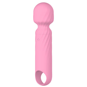 A pink wand vibrator with handle loop stands upright on a white background