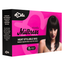 A pink and black box with text stating the contents as a layered, black moody mistress heat-stylable wig with bangs.
