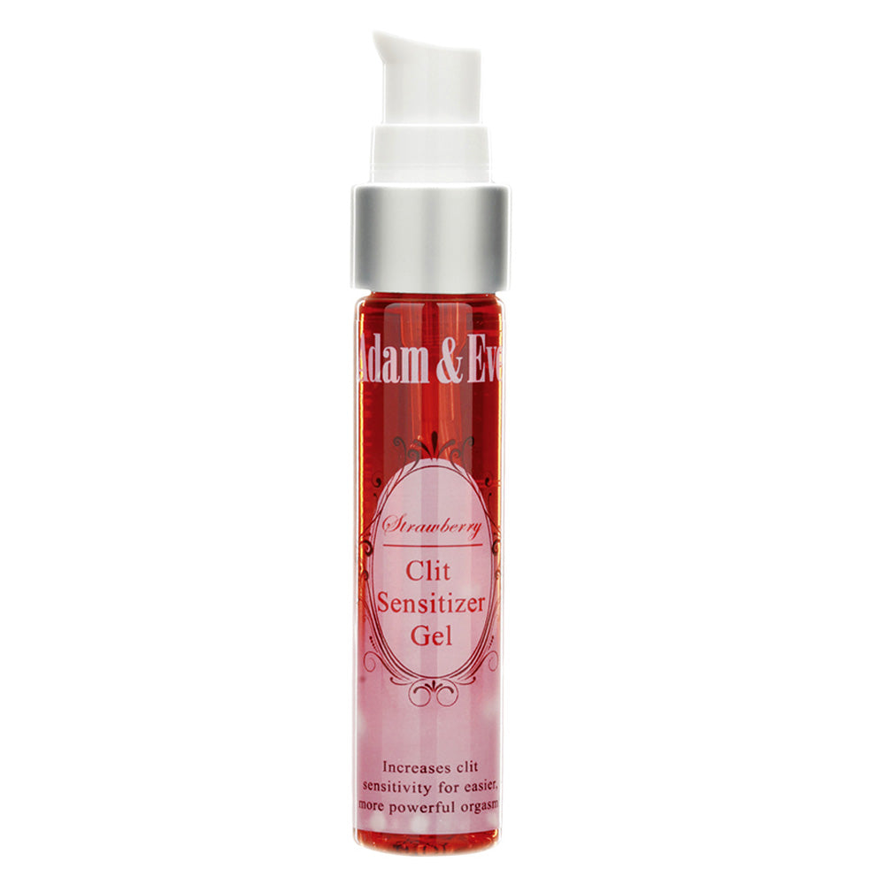 Adam & Eve strawberry flavoured clit sensitiser gel in clear tube with pump sits against a white backdrop.