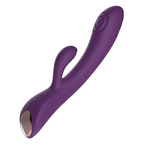 An angled view of a purple rabbit-style vibrator shows the decorative metal panel on the base and two buttons on handle.