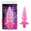 B Yours Basic Vibra pink butt plug sits next to its clear plastic packaging featuring 3 speeds of vibration. 