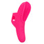 A bright pink compact finger vibrator stands against a white backdrop with a curved design.