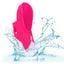 A pink textured silicone finger vibrator shown in water showcasing its waterproof design. 