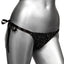 A mannequin wears a pair or black mesh triangle-cut black panties covered in rhinestones.