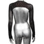 Back view of a mannequin wearing a mesh black rhinestone covered full-length shrug. 