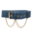 A denim collar sits against a white backdrop with a gold adjustable buckle closure. 