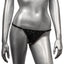 A mannequin wears a black crotchless rhinestone mesh thong.