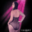Back view of a curvy model wears a black sheer hooded deep v halter bodysuit with rhinestone details.