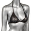 A mannequin wears a black rhinestone mesh triangle bikini top.