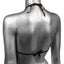 Back view of a mannequin wearing a black rhinestone triangle bikini top with adjustable halter neck and back ties. 