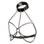 A multi chain leather collar harness with dangling chains that frame the breast area in a bra-like design.