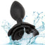 A large black silicone rose anal plug is shown dropped in water to showcase its waterproof design. 