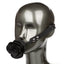 A mannequin head wears a  black lockable silicone ball gag with detachable rose. 