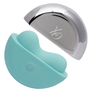 An ergonomic clitoral vibrator features a silver magnetic case. 
