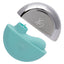 A blue compact ergonomically curved clitoral licking vibrator with its silver magnetic case. 