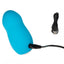 A blue mini vibrating teaser lays flat against a white backdrop next to its charging cord.