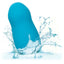 A mini blue vibrating teaser is shown dropped in eater showcasing its waterproof design.