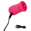 A pink flickering teaser lays flat against a white backdrop next to its charging cord. 