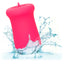 A mini pink flickering teaser is shown dropped in water showcasing its waterproof design. 