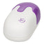 A vibrating teaser lays against a white backdrop in a white case with a purple drip design on the top.
