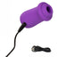 A mini purple clitoral suction teaser lays against a white backdrop next to its charging cord.