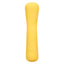 A yellow mini wand vibrator stands against a white backdrop and showcases its power button at the bottom.  