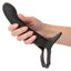 A hand model holds a detachable black strap-on dildo for scale.