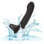 A black detachable strap-on dildo is shown dropped in water showcasing its waterproof design. 