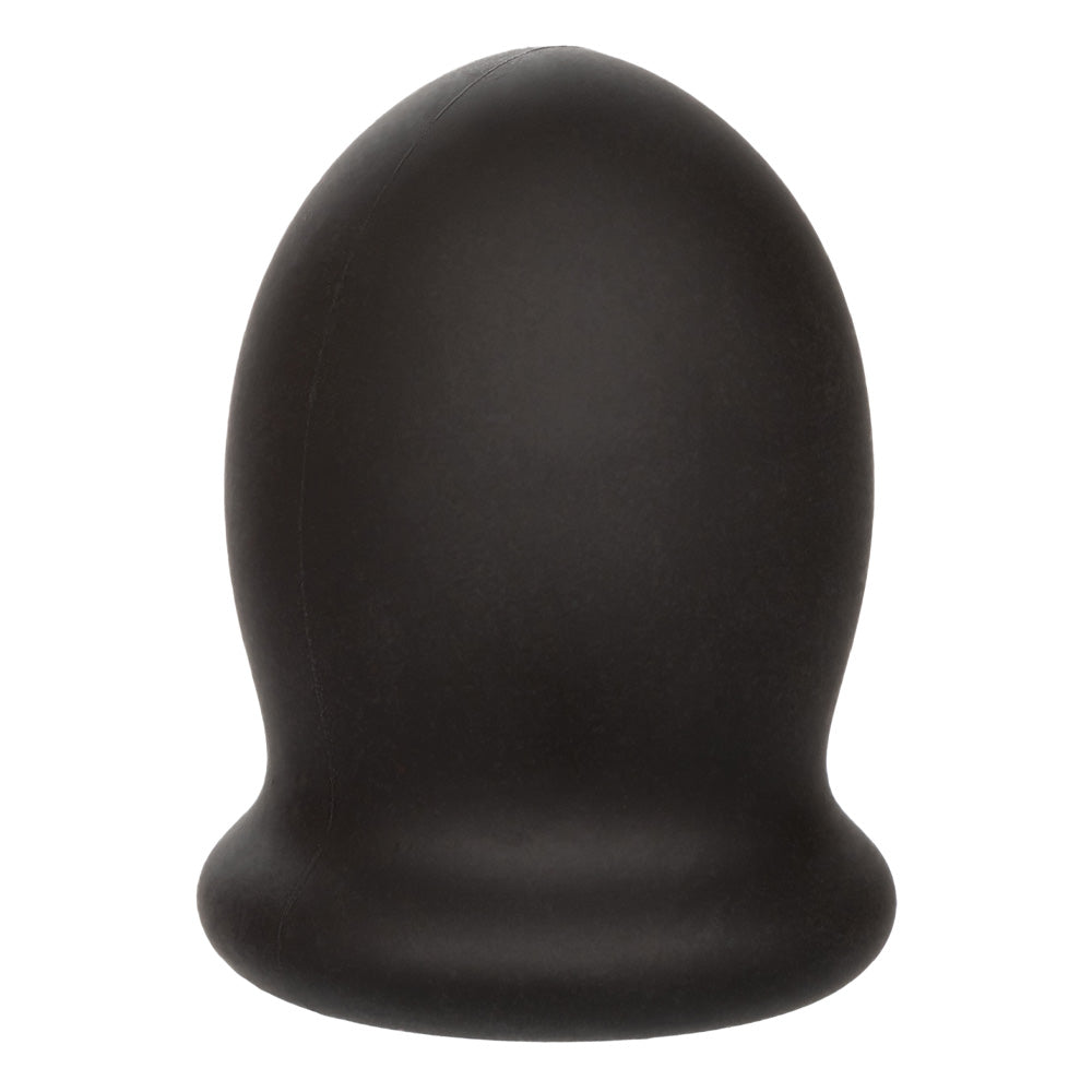 A black silicone egg shaped closed ended stroker sits against a white background.